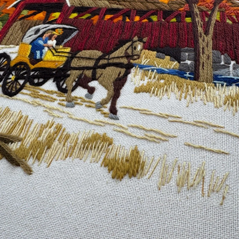 Vintage Sunset Designs Crewel Embroidery 16x20 Fall Trees Covered Bridge Haitian